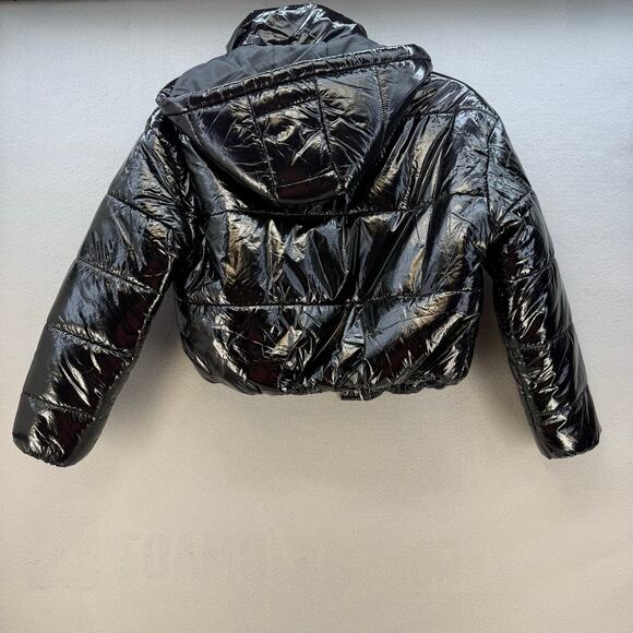 Boohoo Puffer Coat Women's Size 6 Shiny Black Hooded Cropped Streetwear Gorpcore - Picture 2 of 12